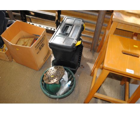 A plastic Stanley Fat Max tool box and contents of various tools, a further plastic tool box and a plastic planter with ornat