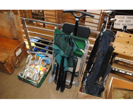 A folding camping chair, folding stool, a Yeoman telescopic hand trowel, folding metal framed chair etc. 