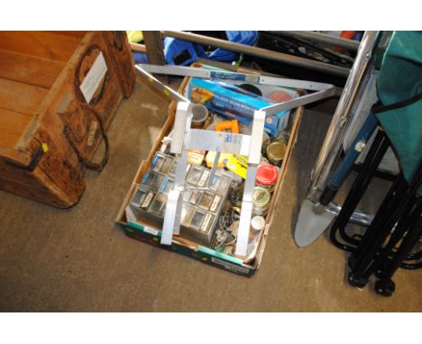 A box containing a quantity of miscellaneous items to include a ladder stay, cordless screw driver with original box, various