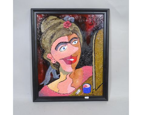 Carol Maddison, acrylic on board, abstract portrait of a lady applying lipstick, 58cm x 46cm, framed 