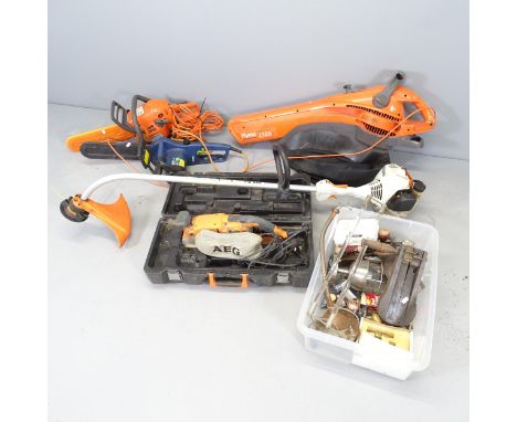 A Husqvarna chainsaw, another, a Flymo leaf blower, a stihl strimmer, a belt sander etc. 