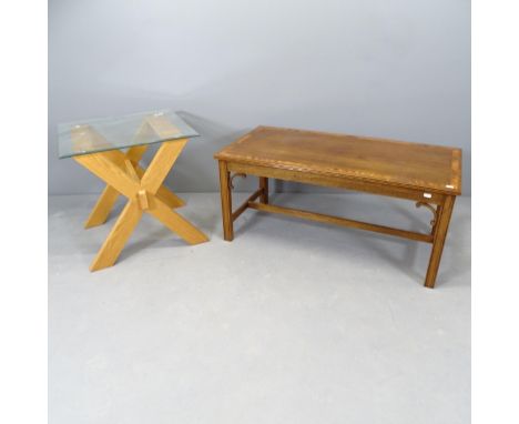 Am antique cross-banded mahogany coffee table with inlaid decoration, 102x46x51cm, and a modern glass top occasional table on