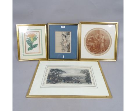 A circular framed and glazed sepia engraving, Angelica Kaufman published 1805, a framed Victoria erotic print, a framed litho