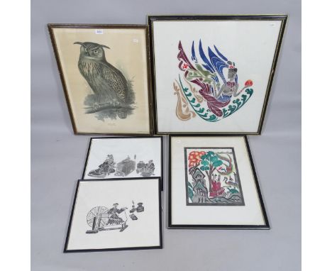 A group of Oriental woodblock pictures, and a print of an eagle owl, from the Biltmore House library (5) 