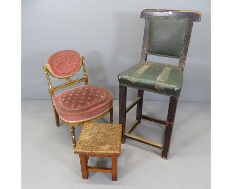 A continental gilt painted and upholstered nursing chair, a vintage leather upholstered bar stool and a carved oak stool (3) 