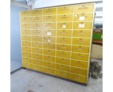 A vintage French painted pine Notaire/filing drawers, with fifty fall-front compartments. 203x182x32cmNo back to unit. Fall f