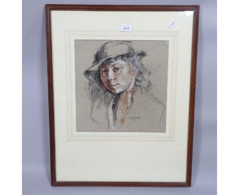 20th century British School, portrait of a girl, coloured pastels on grey paper, indistinctly signed, dated 1939, 32cm x 32cm