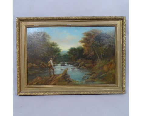 Oil on canvas, salmon fishing, reverse of canvas has print G. Rowney & Co, London, unsigned, 63cm x 89cm, framed 