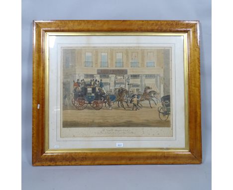 A large Antique maple-framed coaching print, The Duke of Beaufort Coach, starting from Bull and Mouse Regents Circus, Piccadi