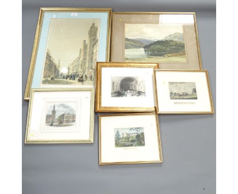 A group of various engravings, including an 18th century engraving of Farnham Castle, Surrey, an attractive Antique print of 
