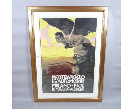 A large reproduction French automobile poster, Mostra Del Ciclo E Bel'automobile, Milano - 1907, 134cm x 102cm, framed 
