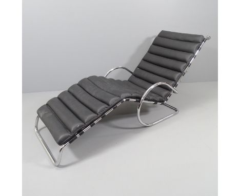 A Bauhaus style lounger in black leather and chrome tubular steel in the manner of Mies van der Rohe. Approx length 190cm. 