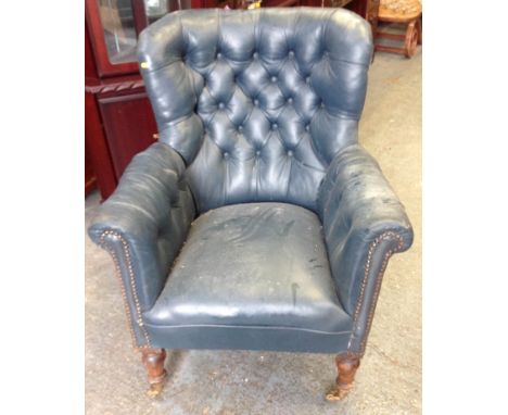 Leather Button Back Studded Armchair on Caster Feet 