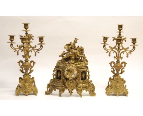 20TH CENTURY CAST BRASS THREE PIECE CLOCK GARNITURE IN THE ROCOCO TASTE, the mantle clock with 3 1/2" twelve piece roman dial