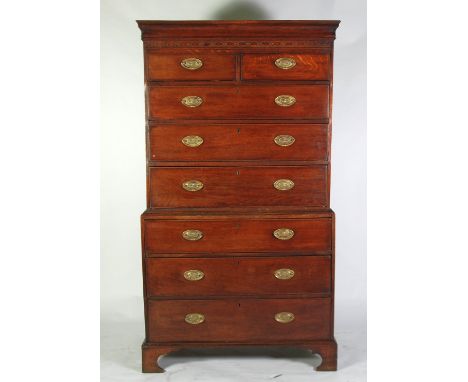 GEORGE III OAK CHEST ON CHEST, the moulded cornice above a blind fret frieze and two short and three long graduated  and cock