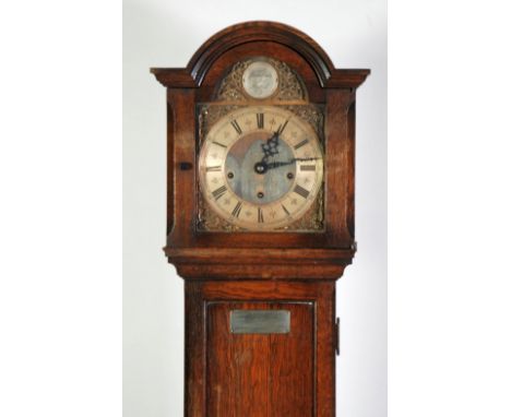 PRESTONS LTD. EARLY TWENTIETH CENTURY OAK SMALL LONGCASE CLOCK,  the 8 1/4" dial with pierced cherub mask spandrels, mated ce
