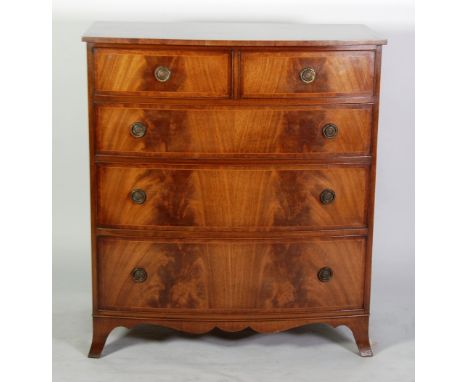 REGENCY STYLE FLAME CUT MAHOGANY AND LINED INLAID BOW FRONTED CHEST OF DRAWERS, the crossbanded top above two short and three