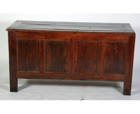 EIGHTEENTH CENTURY OAK COFFER, typical form with four panel front and internal candle box (lacks lid, all feet with later blo
