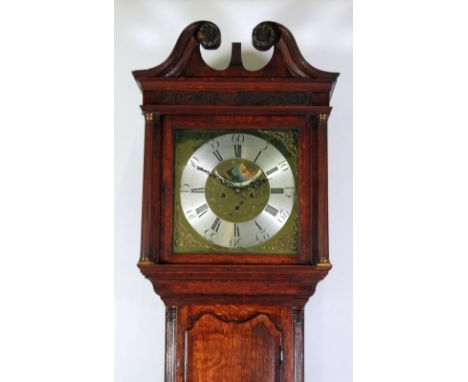 GEORGE III OAK AND MAHOGANY CROSSBANDED LONGCASE CLOCK, with rolling moonphase, signed Major Schofield, Manchester, the 14 1/