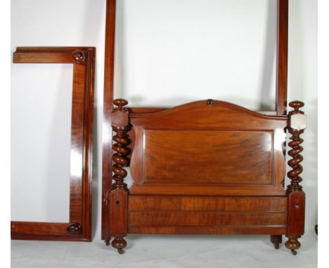 VICTORIAN AND LATER FIGURED MAHOGANY COMPOSITE HALF TESTER BED, the moulded, flat fronted canopy with turned finials to the c