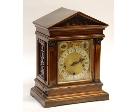 WINTERHALDER & HOFMEIR, GERMAN LATE 19TH/EARLY 20TH CENTURY WALNUT REPEATING MANTLE CLOCK, the 6 1/2" dial with silvered chap