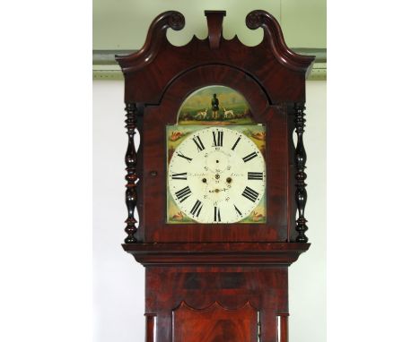 EARLY VICTORIAN FLAME CUT MAHOGANY LONGCASE CLOCK, faintly signed J. Naylow, Leeds, the 14" painted roman dial with subsidiar