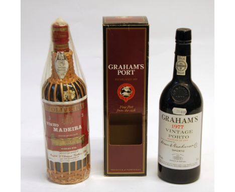 BOXED 75cl BOTTLE OF GRAHAMS PORT 1977 VINTAGE PORTO bottled in 1979 bears paper seal, box good and a 75cl BOTTLE OF MADIERA 