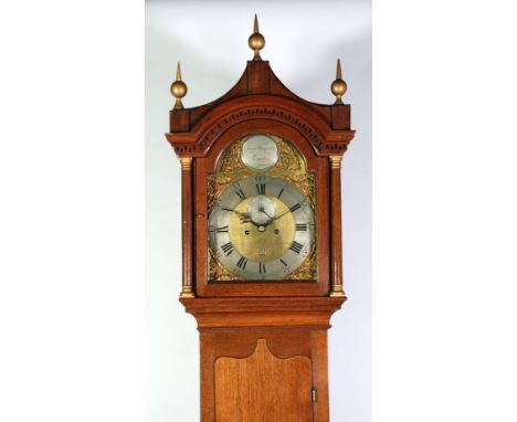 GEORGE III OAK LONGCASE CLOCK, signed Jerem(y) Thompson, London, the 12" dial with silvered chapter ring, scroll pierced span