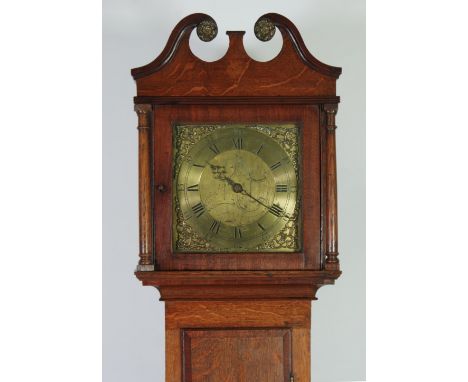 LATE EIGHTEENTH CENTURY OAK AND MAHOGANY CROSSBANDED LONGCASE CLOCK, signed G. Gould, South Molton, the 11" brass dial with s