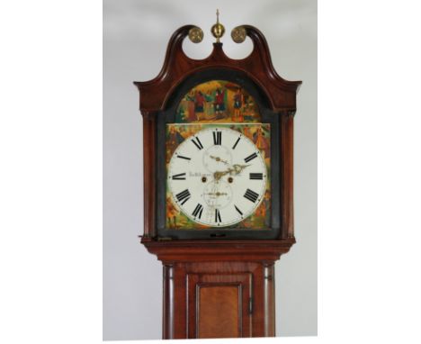 AN EARLY NINETEENTH CENTURY FIGURED MAHOGANY LONGCASE CLOCK, signed Jas Williamson, Dundee, the 13"  painted roman dial with 