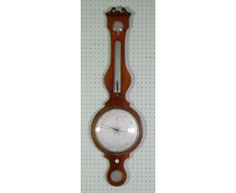 J. SOMALVICO, LONDON, MID NINETEENTH CENTURY FIGURED MAHOGANY AND LINE INLAID WHEEL BAROMETER, the 10" silvered dial in a typ
