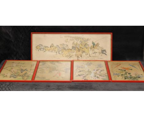 A pair of Chinese silk pictures, 20th century, painted with birds in flowering branches and with calligraphy, 35cm x 25.5cm, 