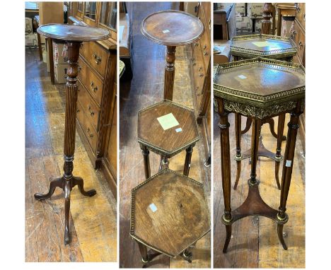 Pair of brass/gilt effect plant/lamp stands 84cm h, plus another single pedestal stand with reeded column and tripod base 107