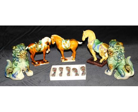 A pair of Vintage Chinese Sanchai Glazed Porcelain Guardian Lions/Foo Dogs, three Tang Style Ceramic Horses and a box of Vint