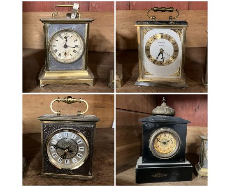 A collection of three carriage clocks (two battery operated) and a small slate mantle clock not tested (4)