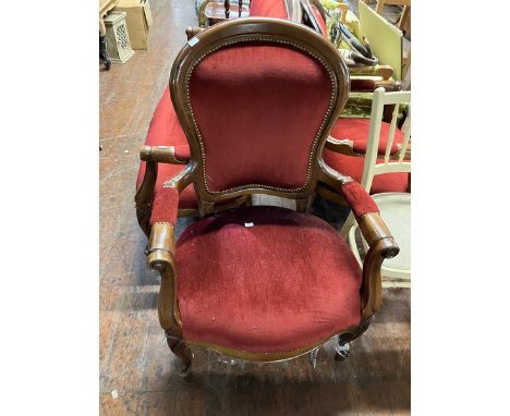 Three piece Mahogany framed salon suite reupholstered in a&nbsp; deep red draylon effect fabric. small hole in sofa.