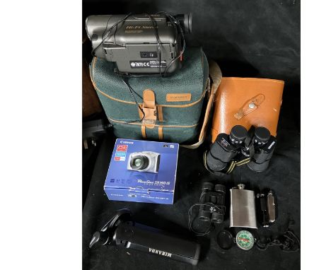 A sanyo video camera, carry bag and charger plus a pair of field glasses, compas, hip flask torch and pouch.&nbsp; plus a pai