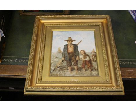 James Campbell (Scottish 1846-1913) Seascape with fisherman and child, signed lower left, oil on board, 29cm x 22cm