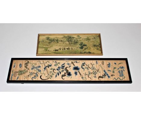 A Chinese silk picture embroidered with bats, flowers etc, 50cm x 10.5cm&nbsp; and a Chinese coloured print, 11cm x 29cm&nbsp