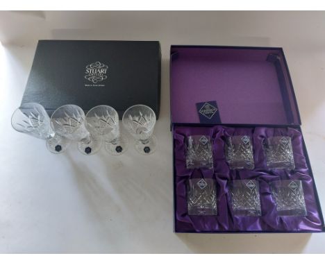 A set of 6 Edinburgh crystal cut glass whisky glasses in original presentation box with stickers, along with a set of 4 Stewa