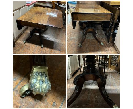 A Mahogany reeded drop leaf sofa table with frieze drawer, pedestal base supported on brass claw feet on castors.&nbsp; top m