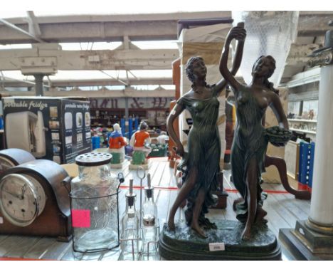 A large, heavy, vintage lamp base of two scantily clad ladies on plinth together with a vintage cruet set and an early 20th C