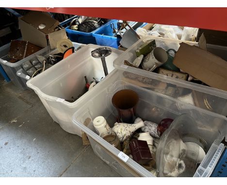 Five boxes of misc items including metalware, outside lanterns, pottery, glassware, clocks, Rotary wristwatch etc 