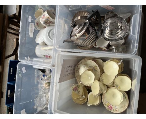 Four boxes of mixed items including Hammersley tea wares, mixed pottery, plated ware, drinking glasses (tumblers and wine gla