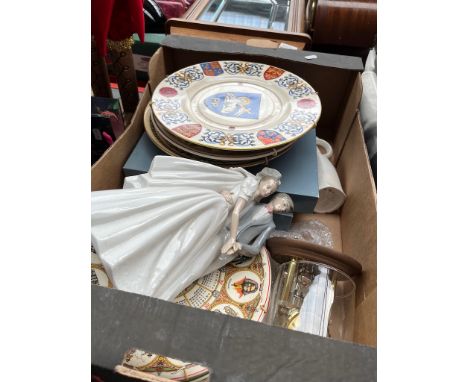 A mixed lot including Nao figurine, Wedgwood calendar plates and collectors plates, Coalport Borough of Preston plate, clock 