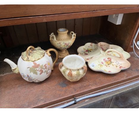 Four Royal Worcester blush ivory pieces. A three compartment hors d'oeuvres dish with handle, diameter appx 27cm, pattern 199