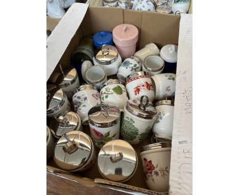 A box containing appx 24 egg coddlers by various makers including Roy Kirkham, Crown Staffordshire, Royal Worcester, Coalport