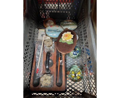 A box of collectables including inkwell stand, miniature portraits, glass paperweights, clay pipe etc. 