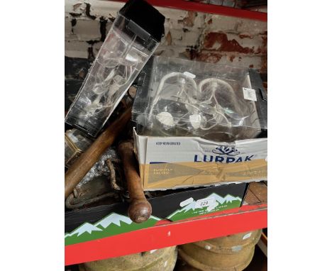 Two boxes of metalware to include tins, boxes, circular saw blades, trunk handles, curtain holdbacks, small brass tripod tabl