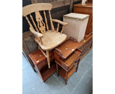 Four pieces of furniture; a beech carver chair, a yew wood side cabinet, a Lloyd Loom linen basket and a side table with draw